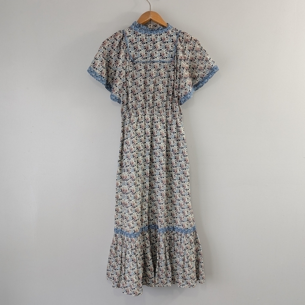 Othilia Dress Womens XS Blue Pink Floral Titania Flounced Maxi Cottage Peasant  - Picture 9 of 10